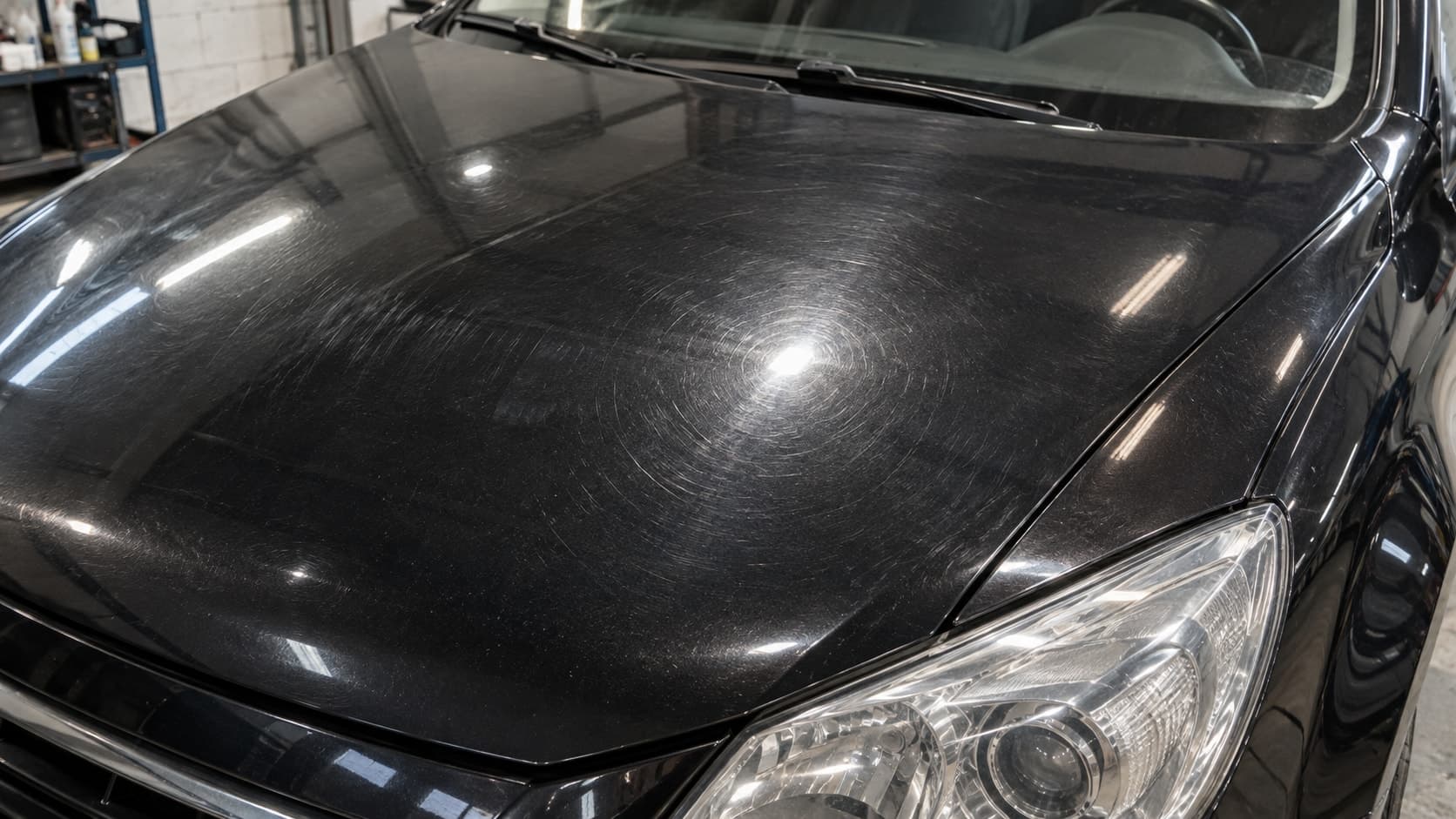 Демонстрационная иллюстрация: следы моек и мелкие царапины на чёрном капоте